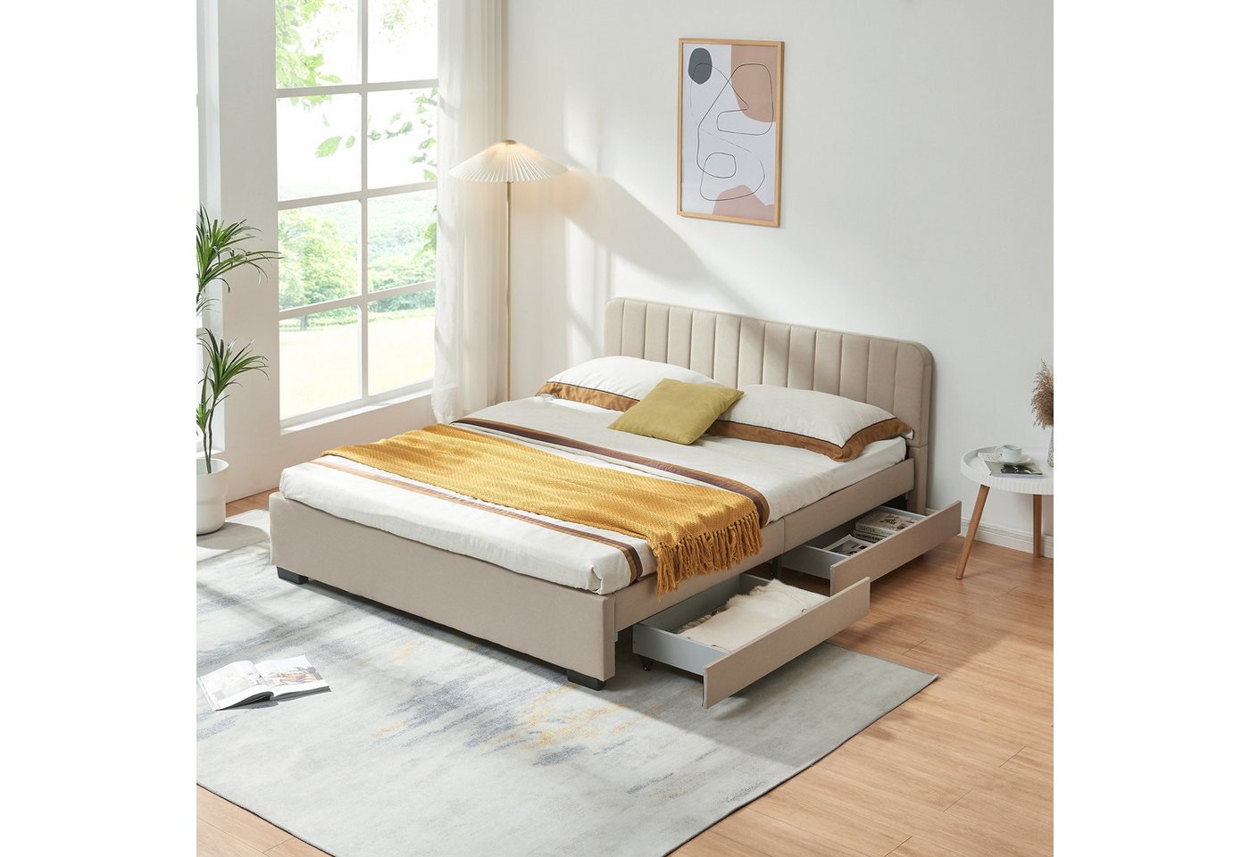en.casa Polsterbett, »Nofrenna« mit 4 Schubladen 140 x 200 cm Leinen Beige – Bild 2 von 5