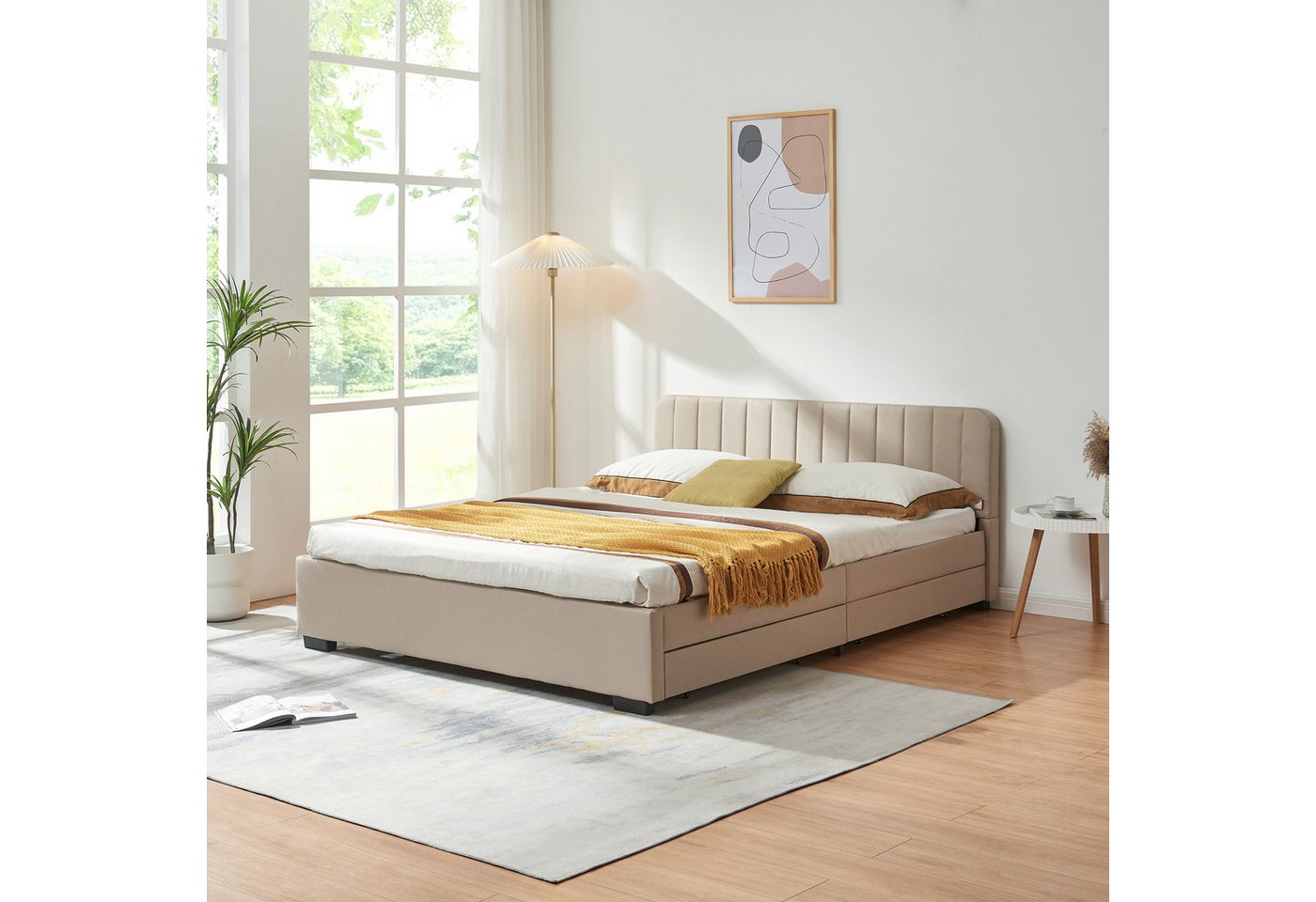 en.casa Polsterbett, »Nofrenna« mit 4 Schubladen 160 x 200 cm Leinen Beige – Bild 3 von 5