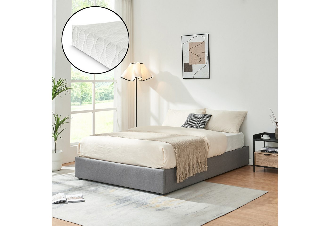 en.casa Polsterbett, »Nola« mit Matratze und Bettkasten 140x200cm Grau – Bild 2 von 5