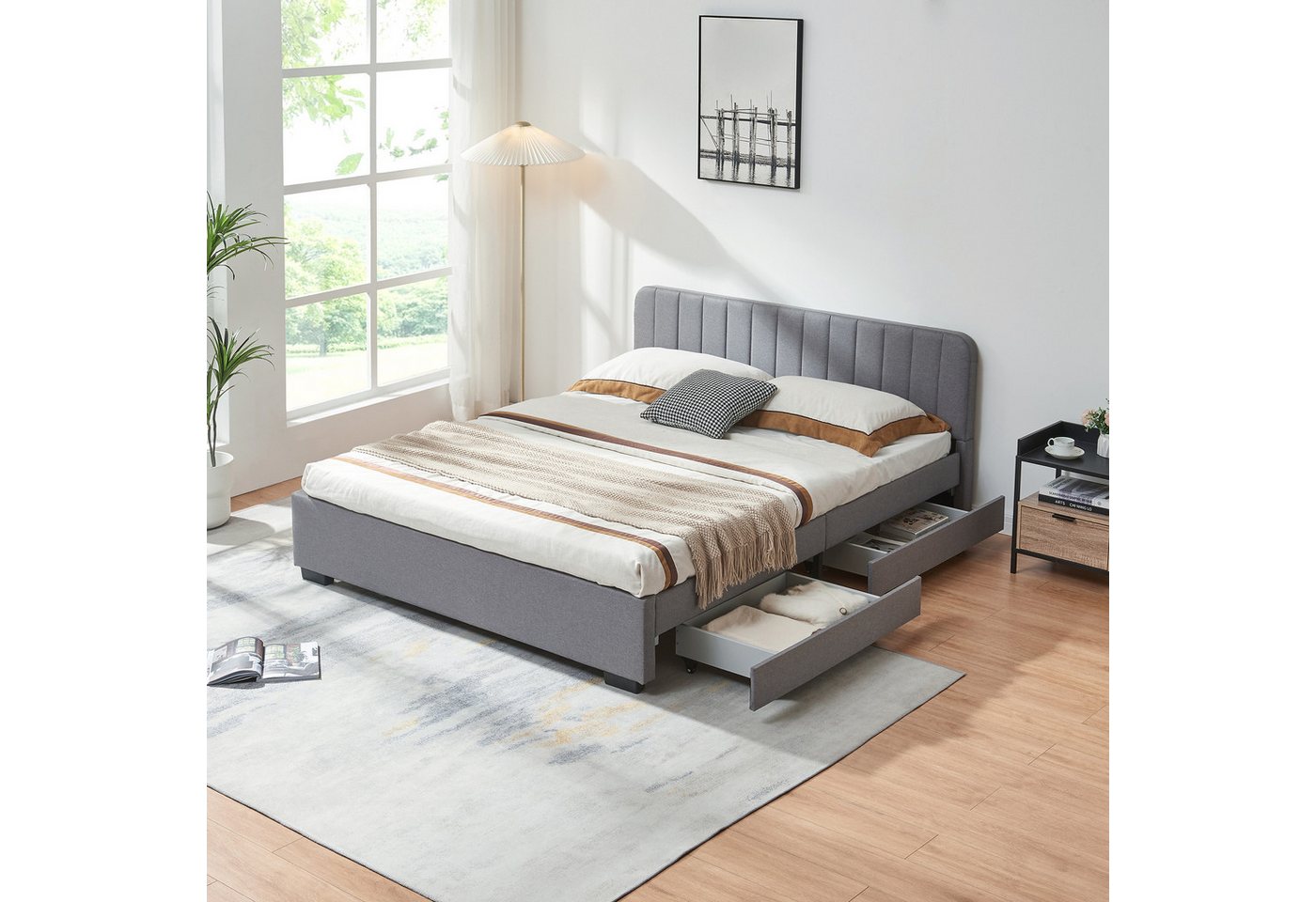 en.casa Polsterbett, »Nofrenna« mit 4 Schubladen 140 x 200 cm Leinen Grau – Bild 2 von 5