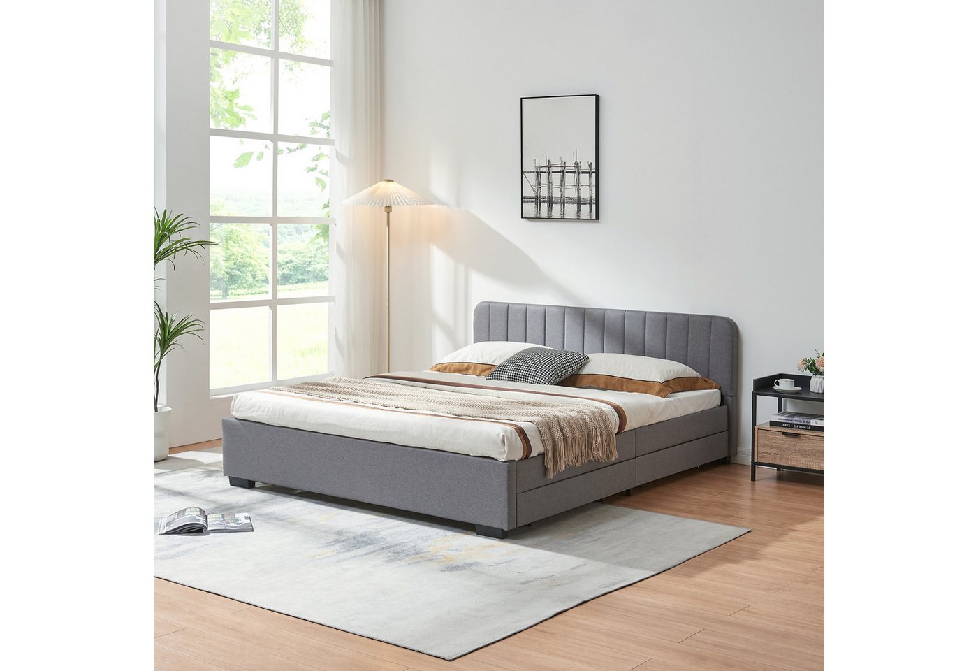 en.casa Polsterbett, »Nofrenna« mit 4 Schubladen 140 x 200 cm Leinen Grau – Bild 3 von 5