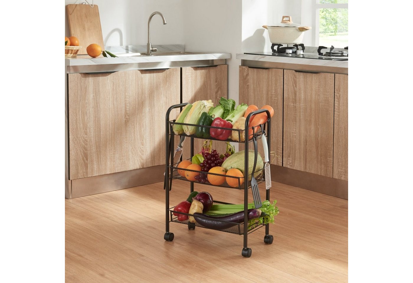 en.casa Rollwagen, »Tromsø« Servierwagen 3 Ablagekörbe 63x44x26cm Schwarz – Bild 2 von 5