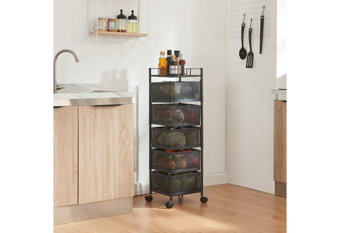 en.casa Rollwagen, »Sunndal« Servierwagen mit 5 Ablagekörben 94,5x27x27cm Schwarz – Bild 2 von 5