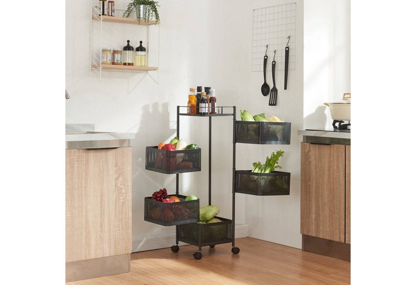 en.casa Rollwagen, »Sunndal« Servierwagen mit 5 Ablagekörben 94,5x27x27cm Schwarz – Bild 3 von 5