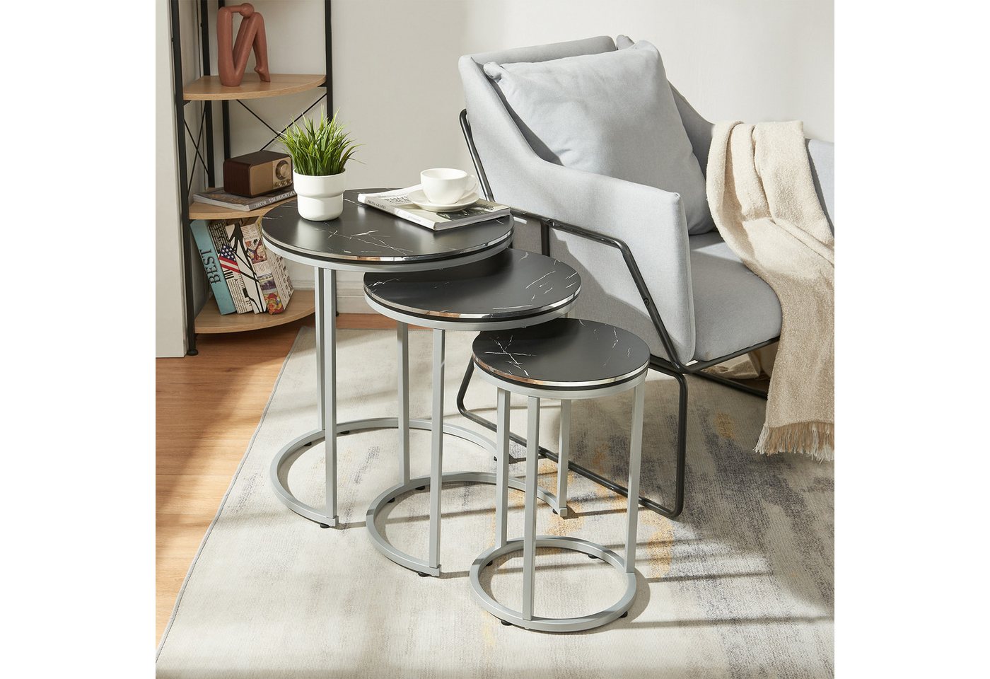 en.casa Satztisch (3er Set), »Bornholm« Metallgestell Marmoroptik, schwarz – Bild 5 von 5