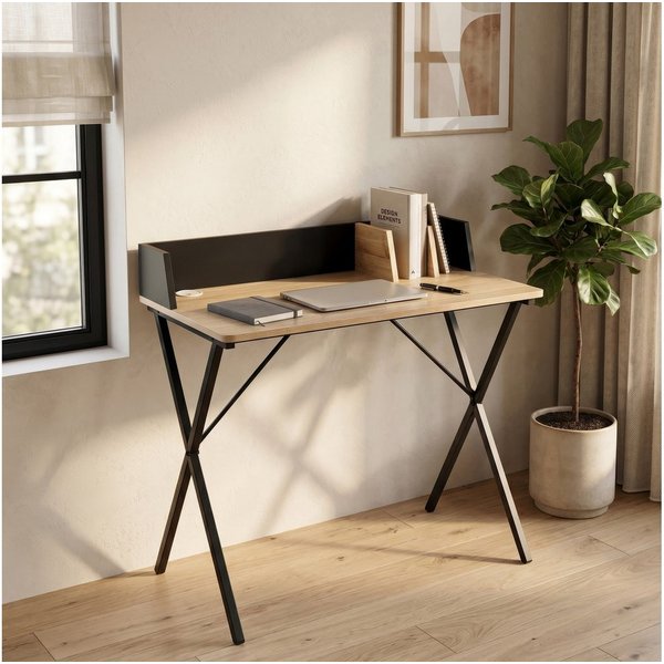 en.casa Schreibtisch, »Kappespoo« mit Kabeldurchlass 84 x 80 x 50 cm Schwarz / Eicheoptik