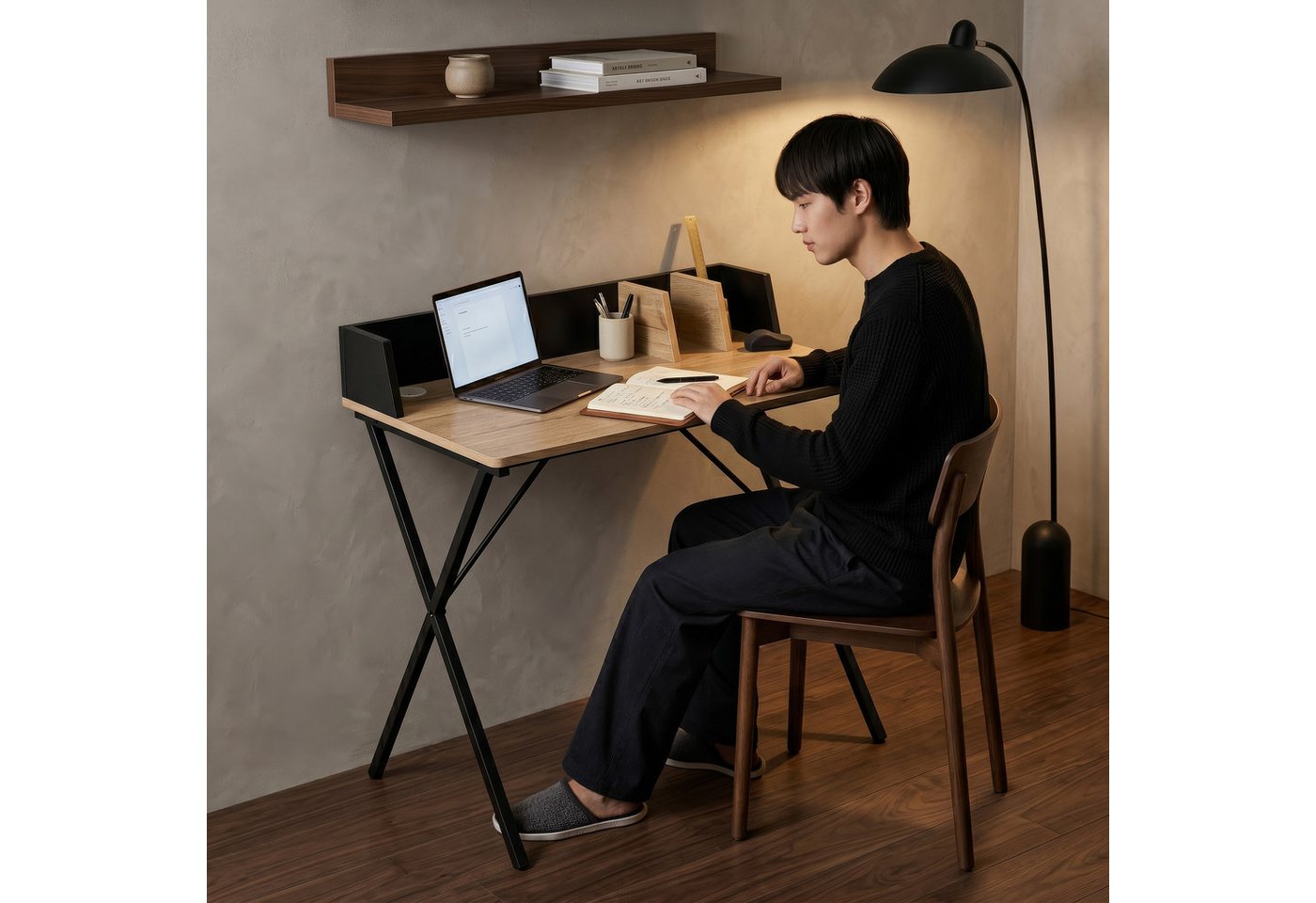 en.casa Schreibtisch, »Kappespoo« mit Kabeldurchlass 84 x 80 x 50 cm Schwarz / Eicheoptik – Bild 4 von 5