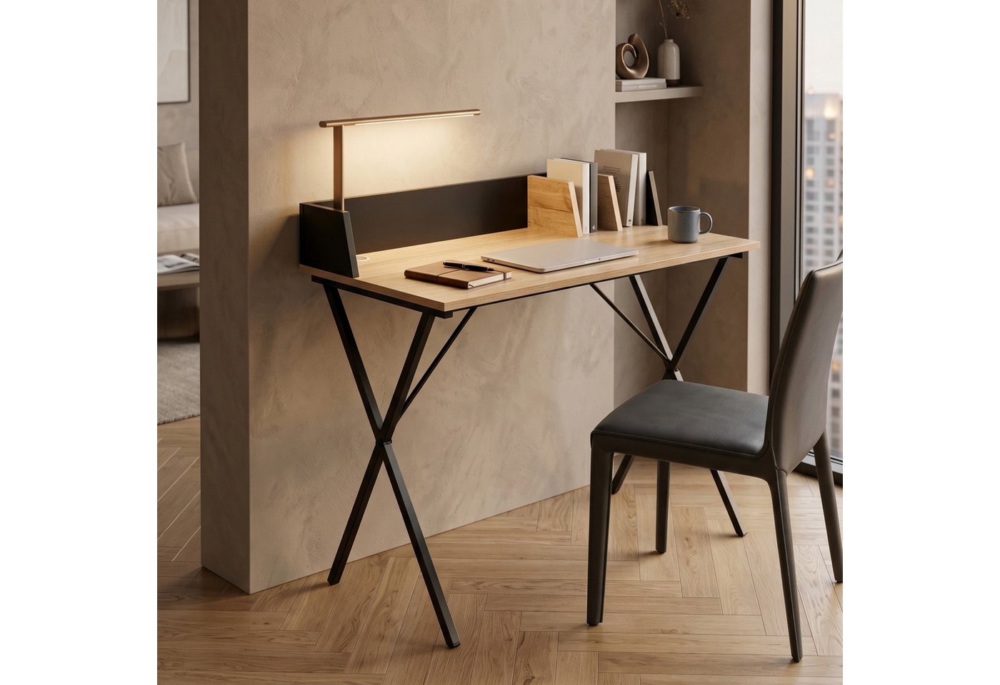 en.casa Schreibtisch, »Kappespoo« mit Kabeldurchlass 84 x 80 x 50 cm Schwarz / Eicheoptik – Bild 5 von 5
