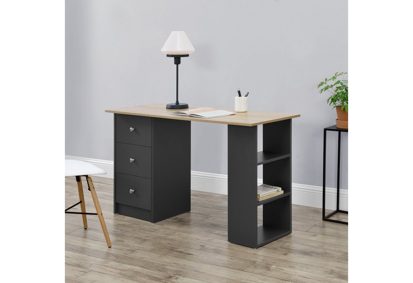 en.casa Schreibtisch, »Lemberg« mit Schubladen und Ablagen 120x50x72cm Dunkelgrau/Holz – Bild 2 von 5