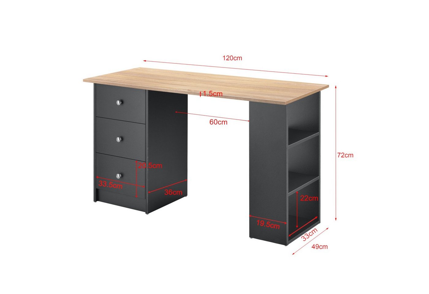 en.casa Schreibtisch, »Lemberg« mit Schubladen und Ablagen 120x50x72cm Dunkelgrau/Holz – Bild 4 von 5