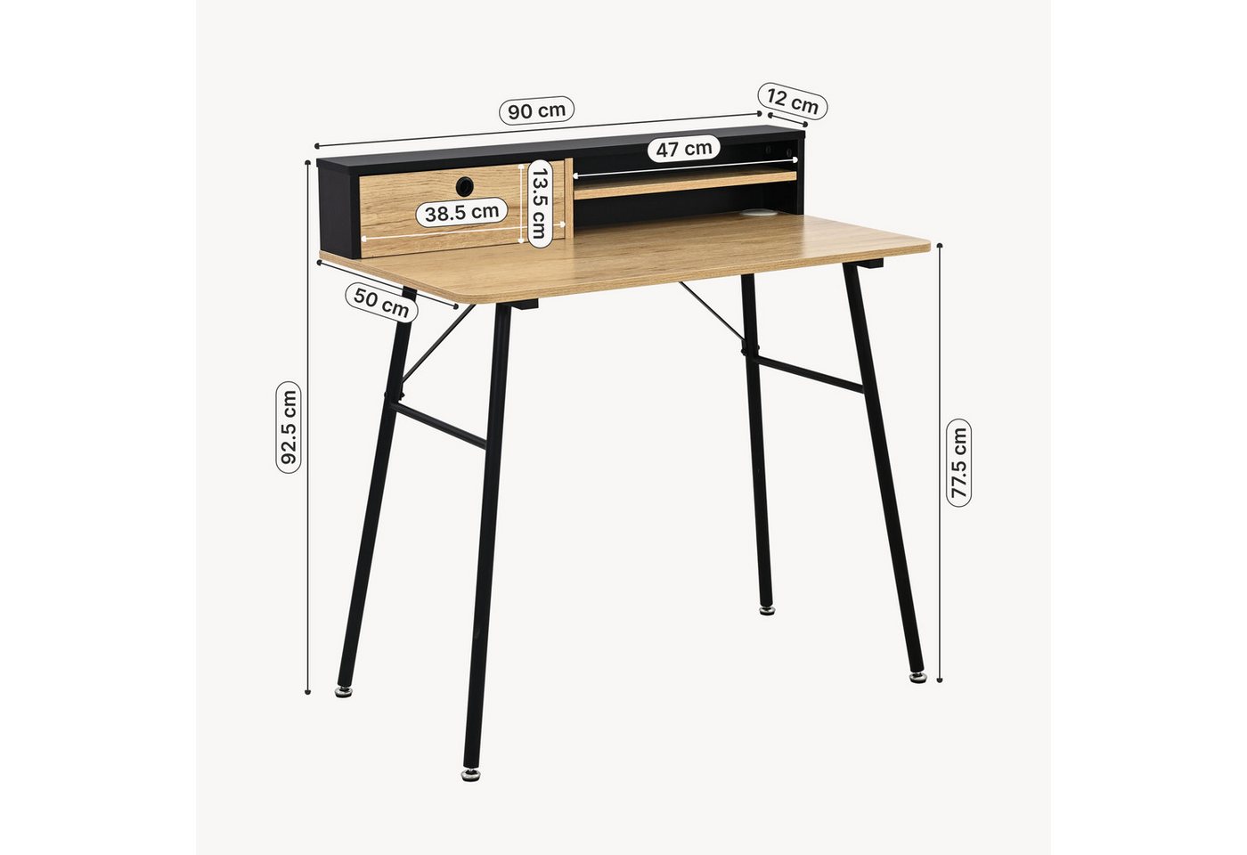 en.casa Schreibtisch, »Var« 2 Fächer 1 Schublade 93x90x50 cm Schwarz/Eicheoptik – Bild 3 von 5