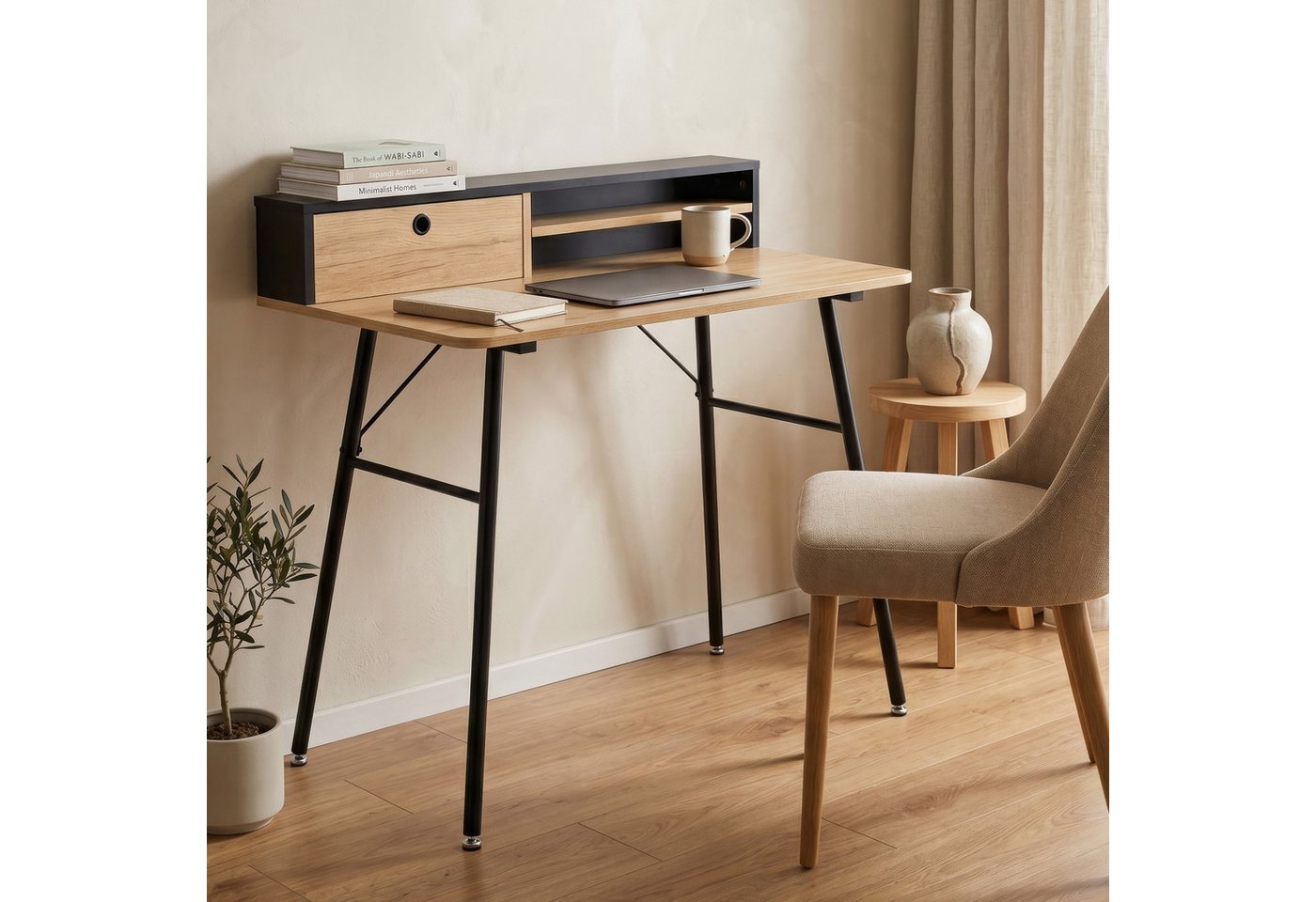 en.casa Schreibtisch, »Var« 2 Fächer 1 Schublade 93x90x50 cm Schwarz/Eicheoptik – Bild 4 von 5