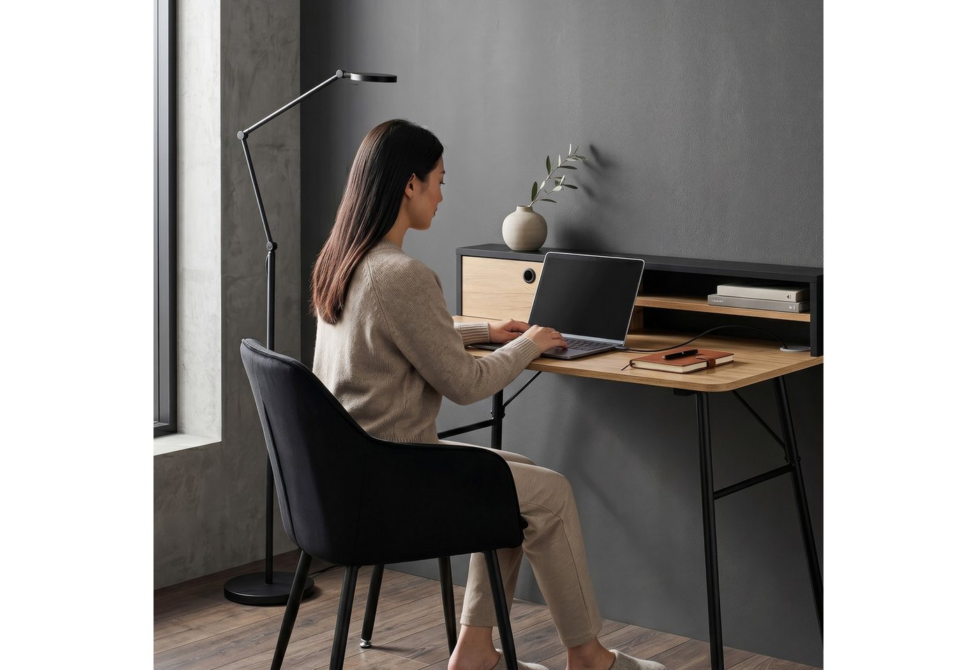 en.casa Schreibtisch, »Var« 2 Fächer 1 Schublade 93x90x50 cm Schwarz/Eicheoptik – Bild 5 von 5