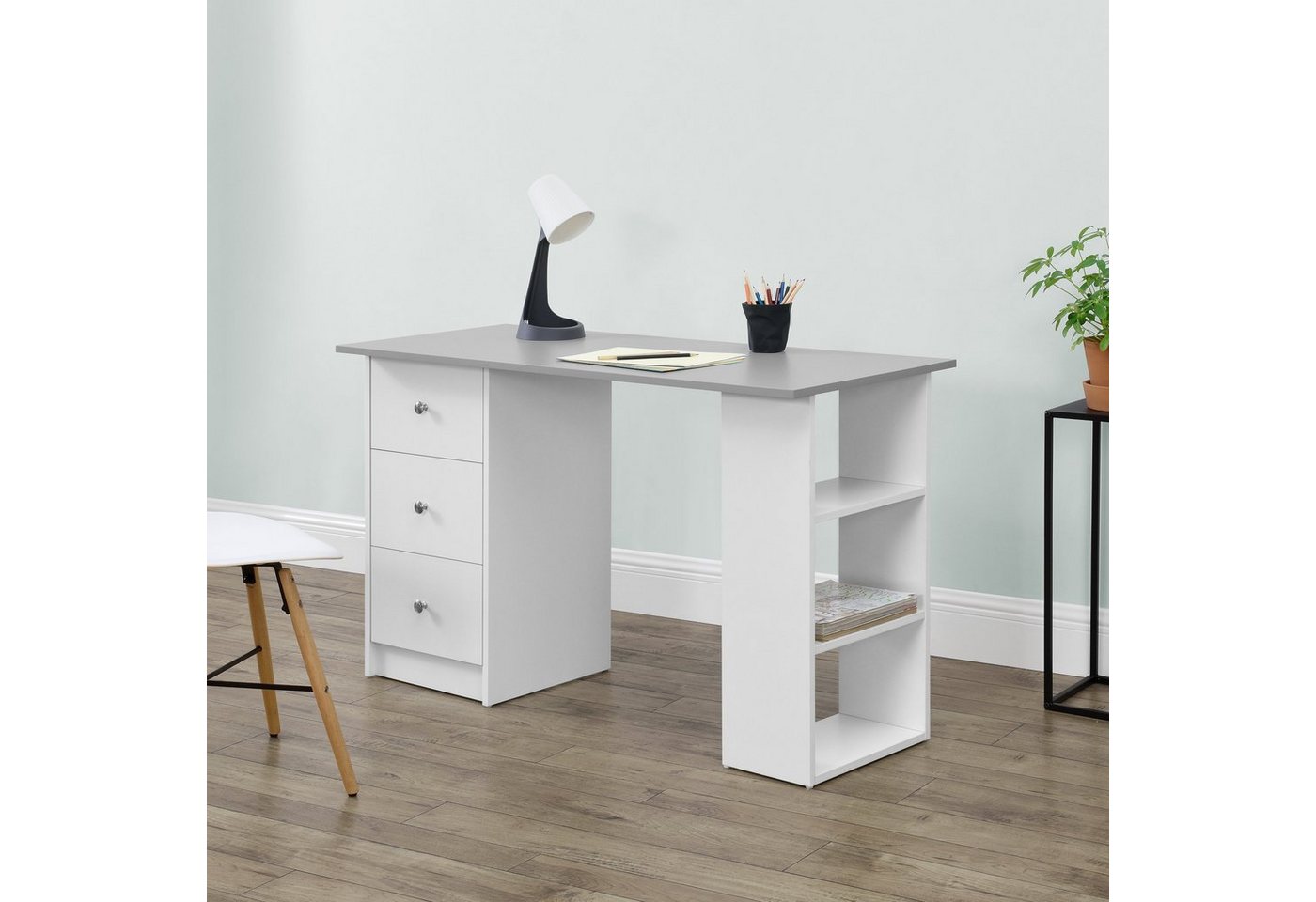 en.casa Schreibtisch, »Lemberg« Bürotisch mit Schubladen weiß/hellgrau – Bild 2 von 5