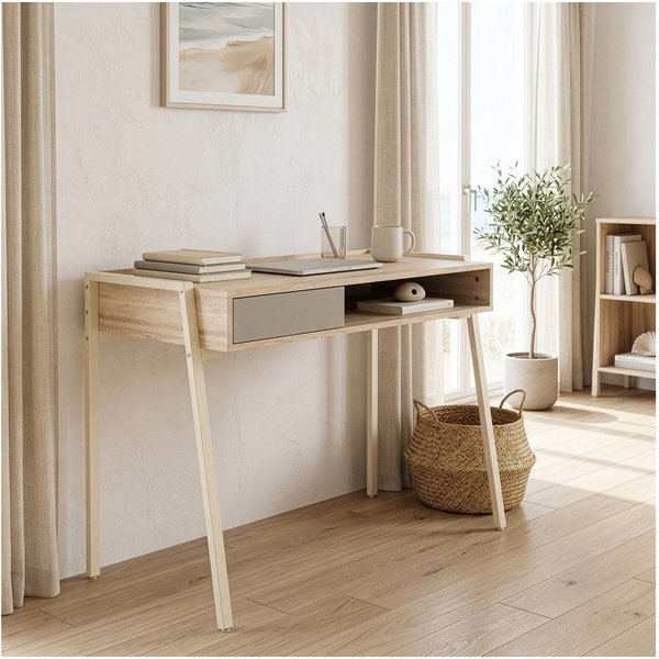 en.casa Schreibtisch, »Boderas« mit Stauraum 107x55x78 cm Metallgestell Beige/Travertin