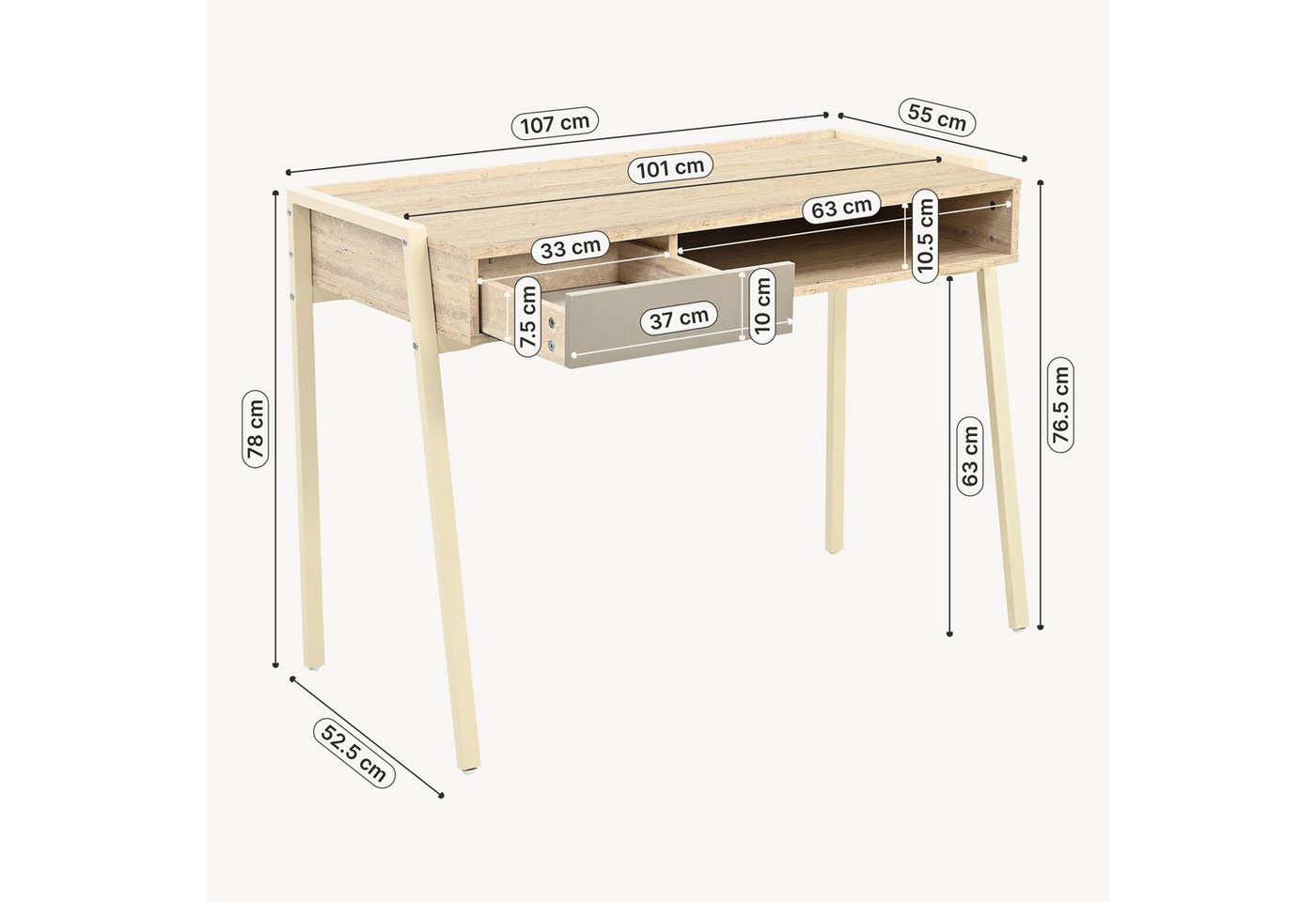 en.casa Schreibtisch, »Boderas« mit Stauraum 107x55x78 cm Metallgestell Beige/Travertin – Bild 3 von 5