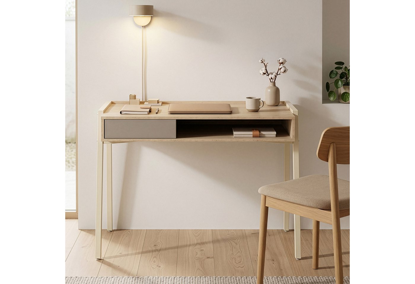 en.casa Schreibtisch, »Boderas« mit Stauraum 107x55x78 cm Metallgestell Beige/Travertin – Bild 4 von 5