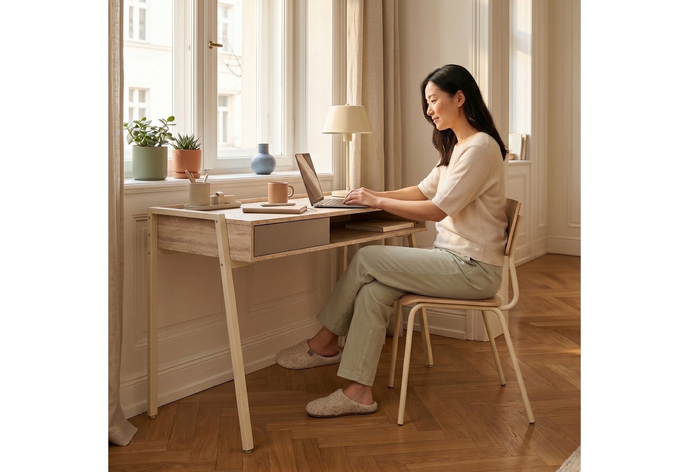 en.casa Schreibtisch, »Boderas« mit Stauraum 107x55x78 cm Metallgestell Beige/Travertin – Bild 5 von 5