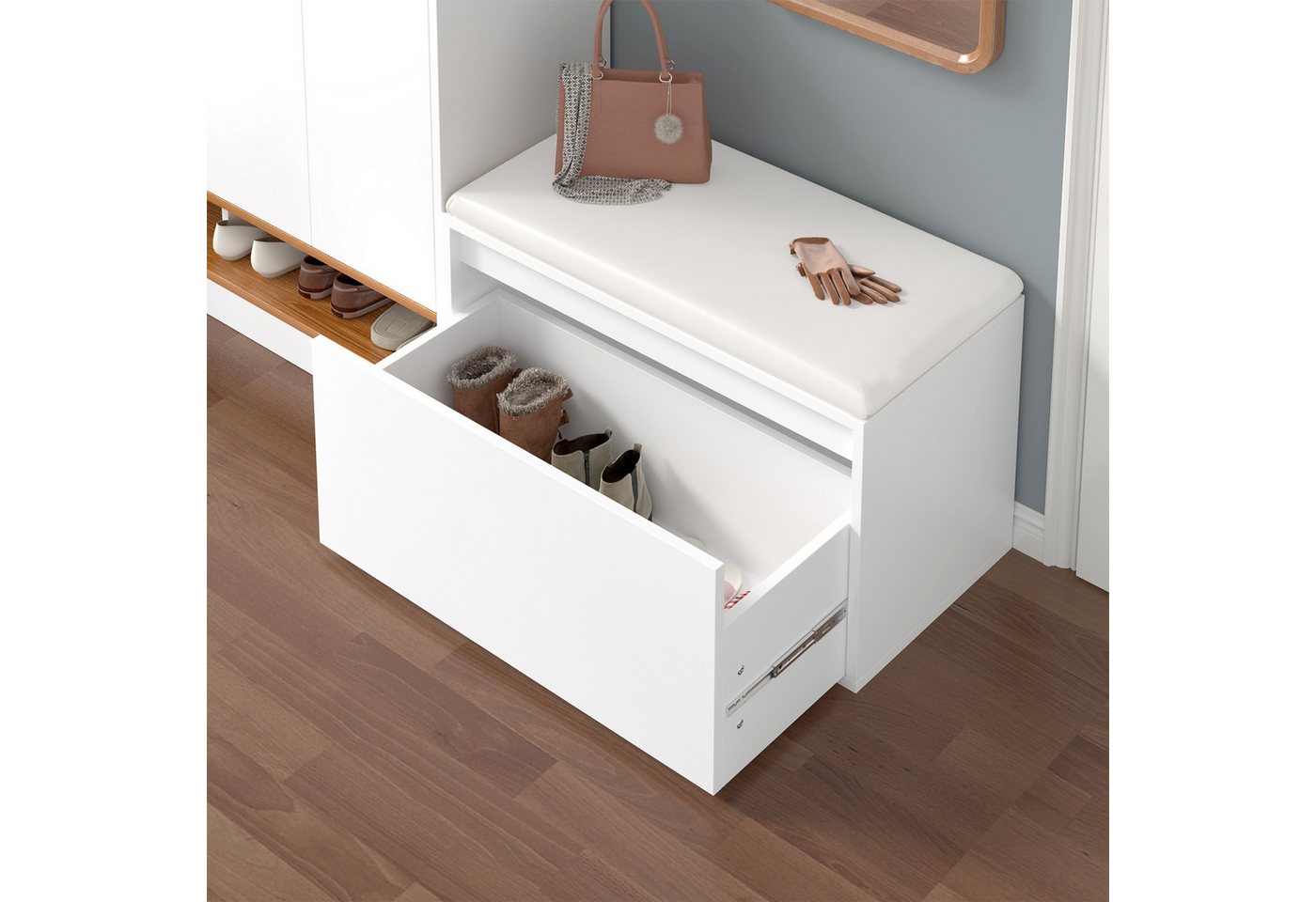 en.casa Schuhbank, Schuhbank »Degerfors« mit Schublade 80 x 39 x 45 cm Weiß – Bild 3 von 5