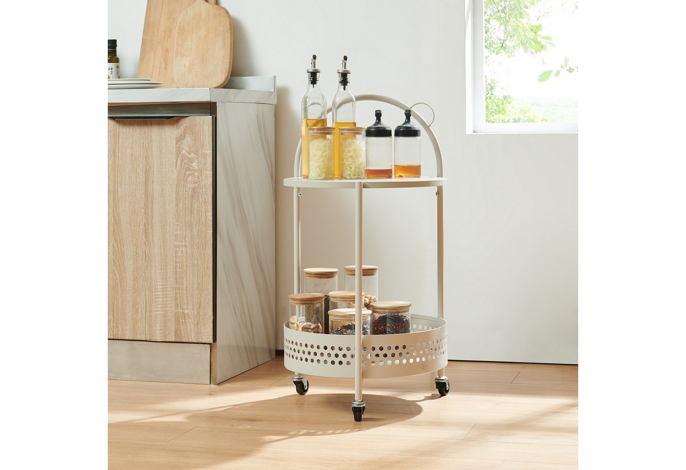 en.casa Servierwagen, »Jässaatka« mit 2 Ablagen Stahl rund 76 x Ø40 cm Grau – Bild 5 von 5