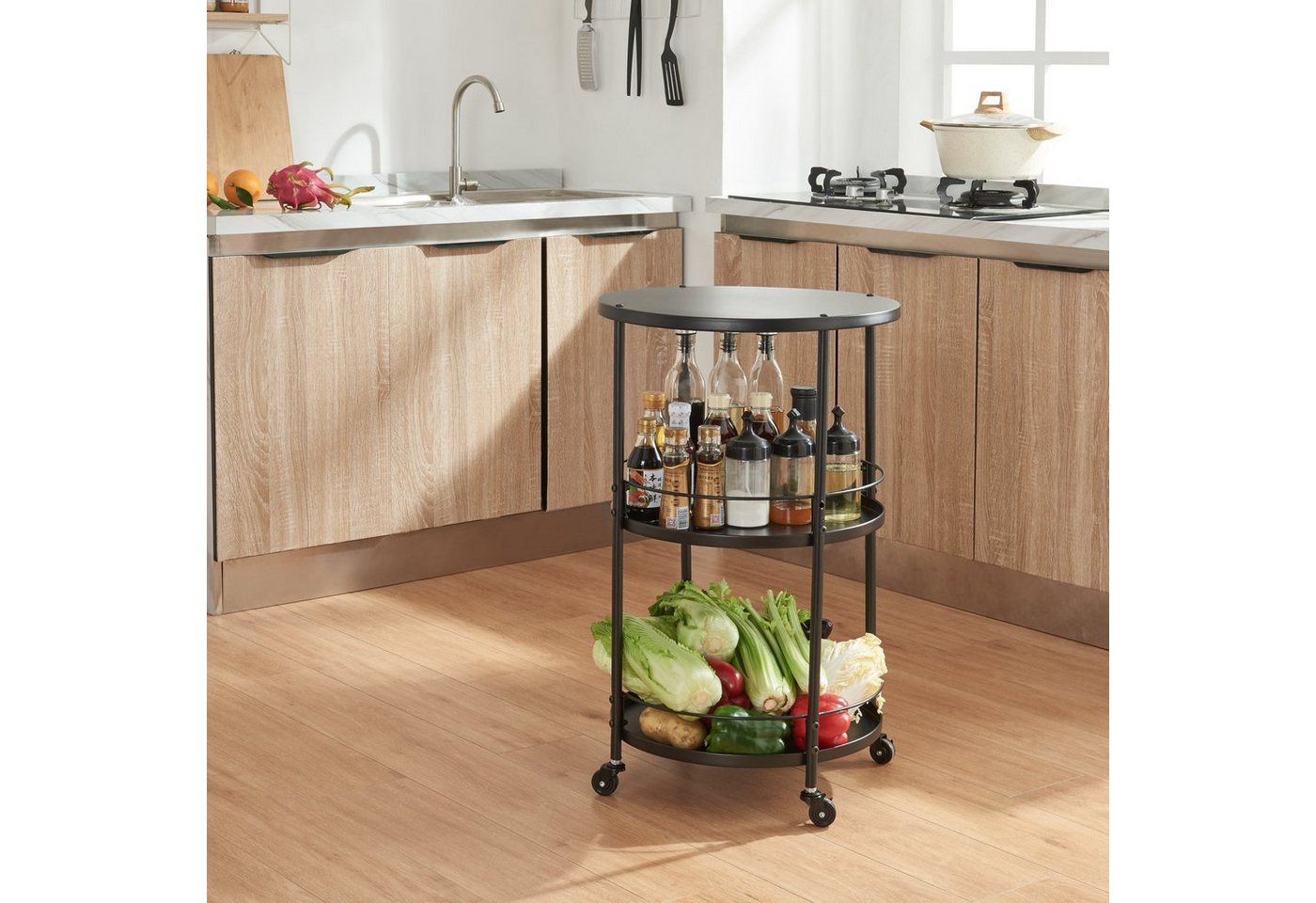 en.casa Servierwagen, »Munkedal« mit 3 Ablagen Metall 75 x Ø45 cm Schwarz – Bild 2 von 5