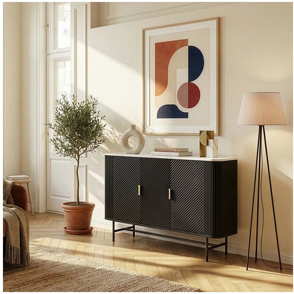 en.casa Sideboard, »Olvehok« 110x40x77 cm 3 Türen 4 Fächer Schwarz/Marmoroptik, weiß