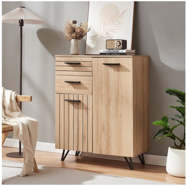 en.casa Sideboard, »Noppen« mit 2 Türen und 2 Schubladen 100x80x38cm Eicheoptik