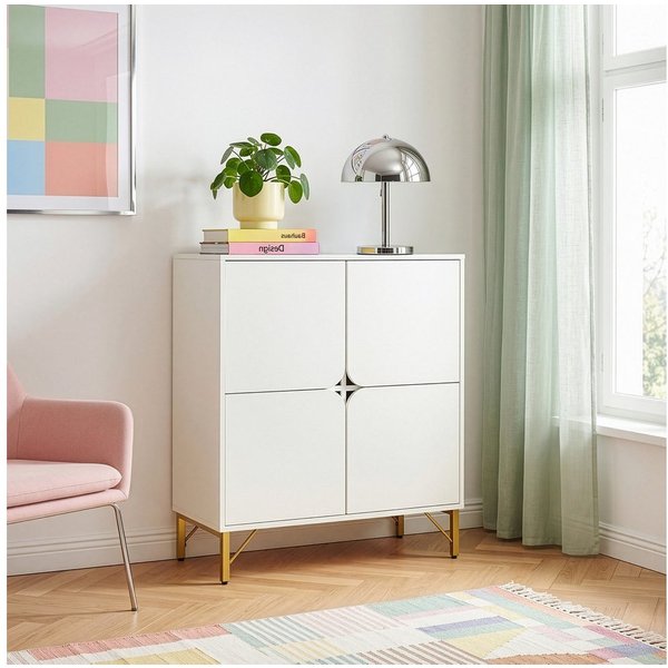en.casa Sideboard, »Reyri« mit 4 Türen 90 x 80 x 35 cm Metallgestell Weiß/Goldfarben