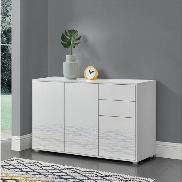 en.casa Sideboard, »Paarl« Kommode Schubladenschrank mit 3 Türen weiß hochglanz