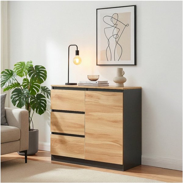 en.casa Sideboard, »Kyr« 80 x 40 x 75 cm Schwarz/Eicheoptik rustikal