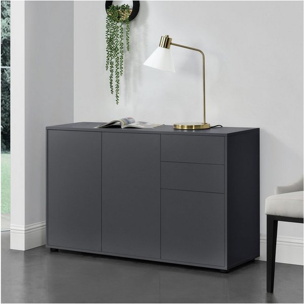 en.casa Sideboard, »Paarl« Kommode Schubladenschrank mit 3 Türen dunkelgrau matt