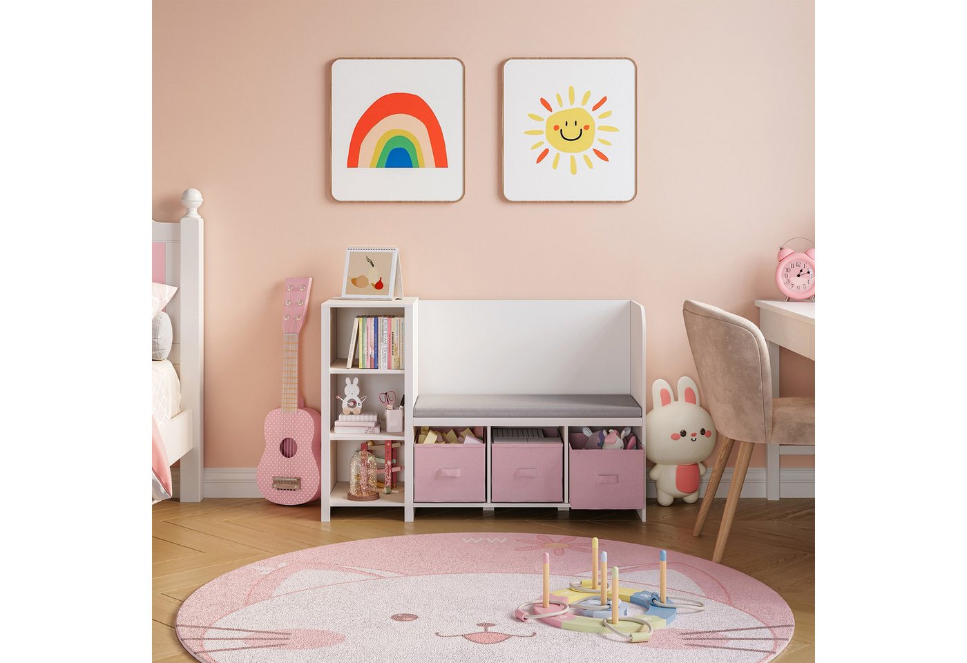 en.casa Sitzbank, mit Regal für Kinder »Høylandet« 76x112x40 cm Weiß/Rosa – Bild 2 von 5