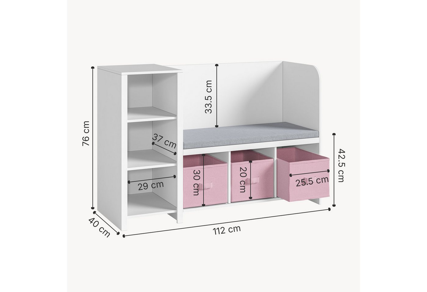 en.casa Sitzbank, mit Regal für Kinder »Høylandet« 76x112x40 cm Weiß/Rosa – Bild 4 von 5