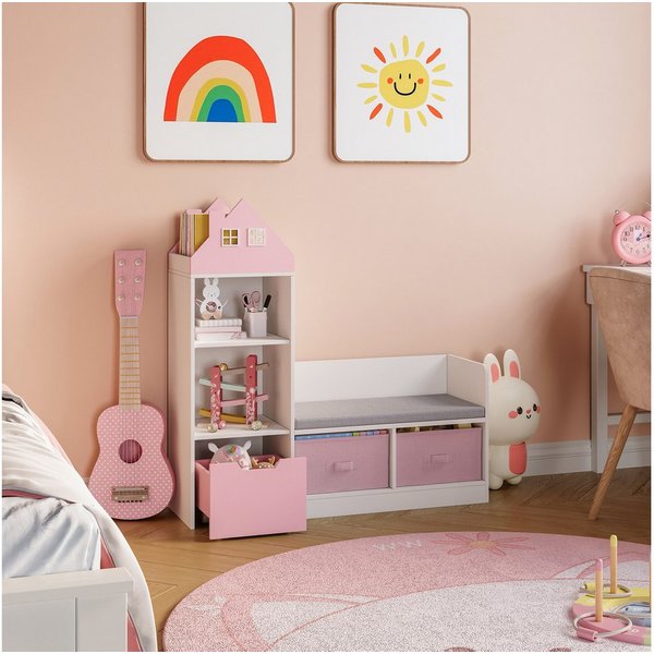 en.casa Sitzbank, mit Regal für Kinder »Vipsali« mit 2 Faltboxen 100x99x30 cm Rosa/Weiß