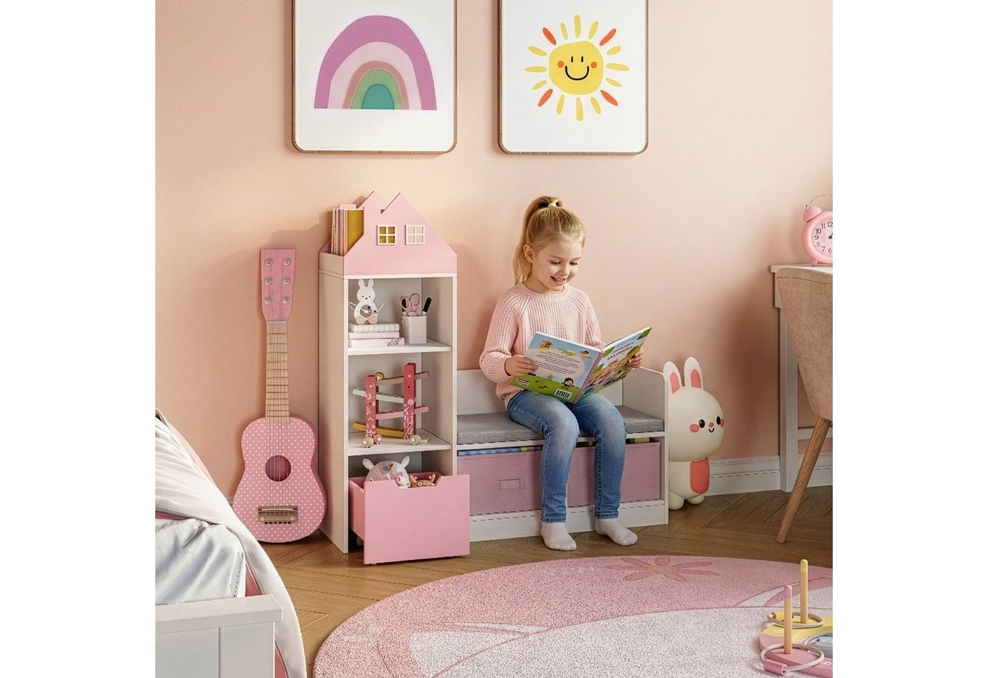 en.casa Sitzbank, mit Regal für Kinder »Vipsali« mit 2 Faltboxen 100x99x30 cm Rosa/Weiß – Bild 2 von 5