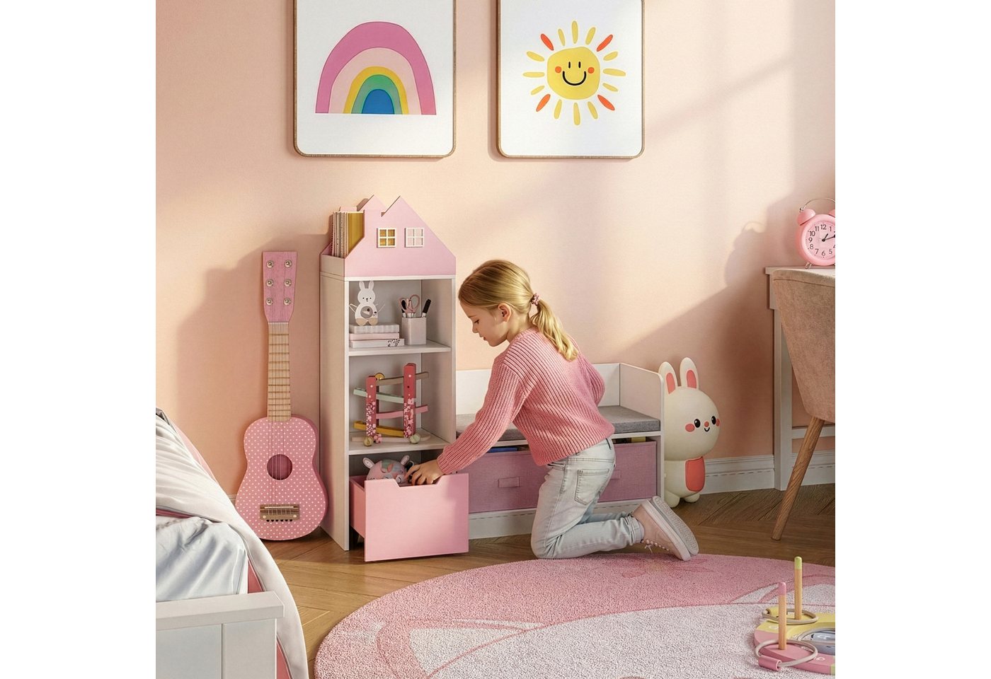 en.casa Sitzbank, mit Regal für Kinder »Vipsali« mit 2 Faltboxen 100x99x30 cm Rosa/Weiß – Bild 3 von 5