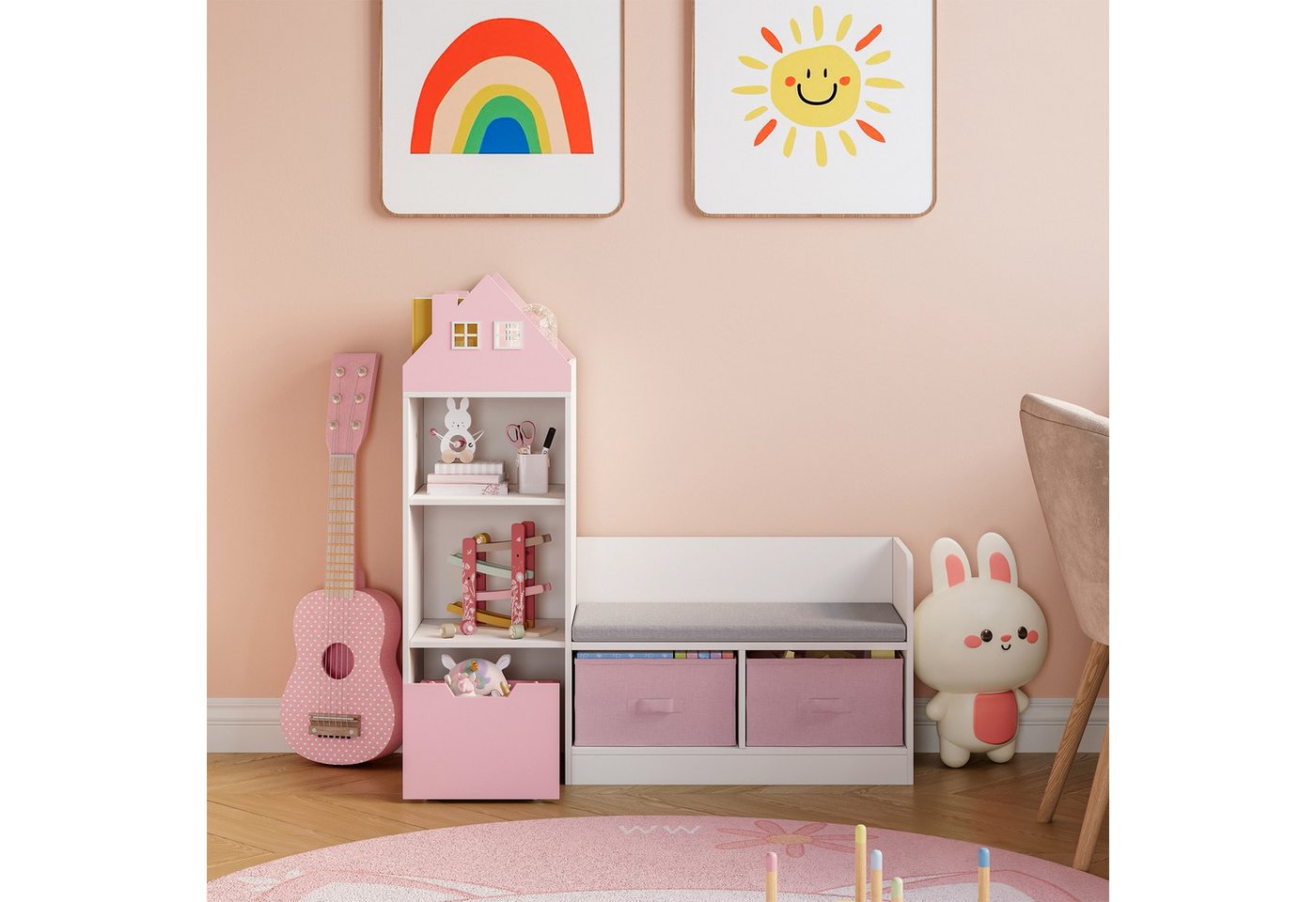 en.casa Sitzbank, mit Regal für Kinder »Vipsali« mit 2 Faltboxen 100x99x30 cm Rosa/Weiß – Bild 4 von 5