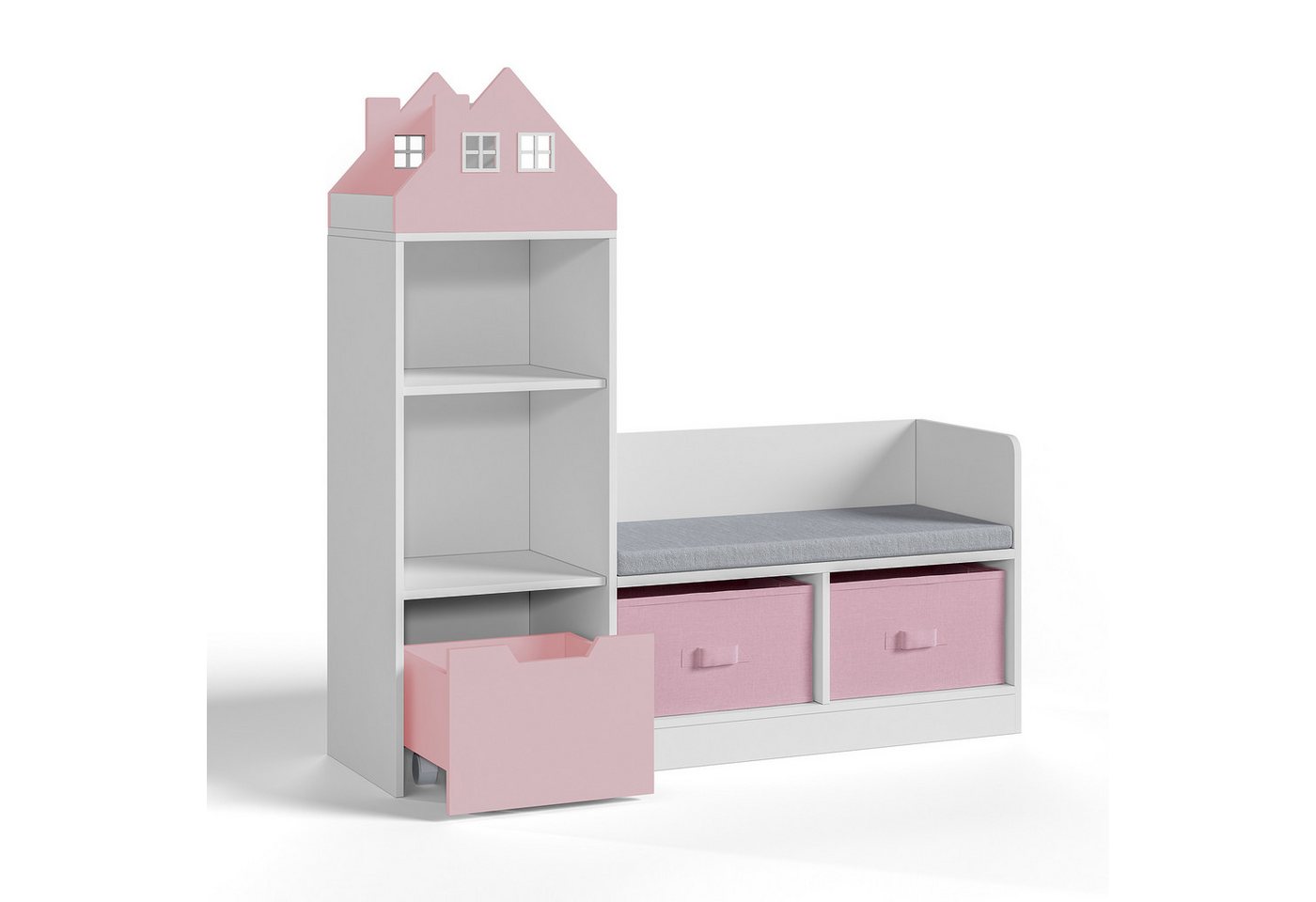 en.casa Sitzbank, mit Regal für Kinder »Vipsali« mit 2 Faltboxen 100x99x30 cm Rosa/Weiß – Bild 5 von 5