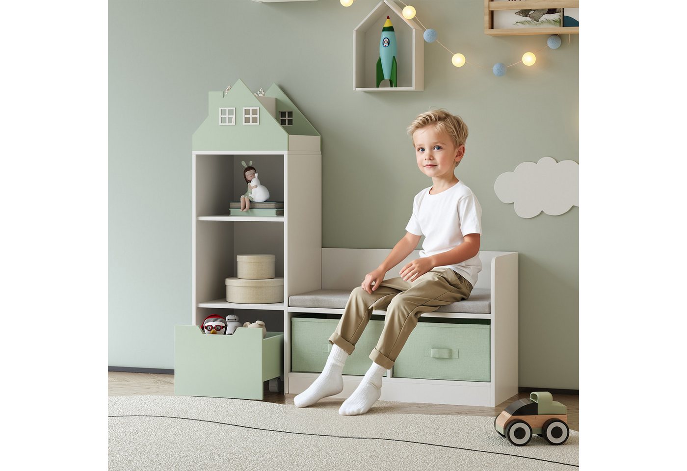 en.casa Sitzbank, mit Regal für Kinder »Vipsali« mit 2 Faltboxen 100x99x30 cm Mint/Weiß – Bild 2 von 5