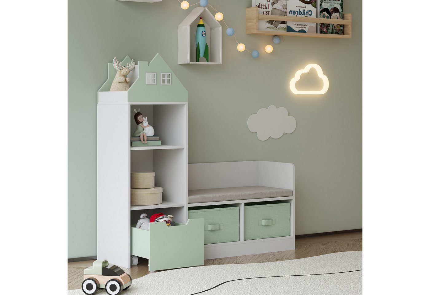 en.casa Sitzbank, mit Regal für Kinder »Vipsali« mit 2 Faltboxen 100x99x30 cm Mint/Weiß – Bild 3 von 5