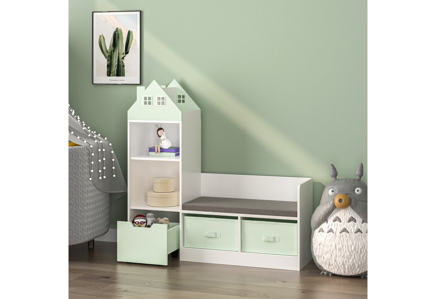 en.casa Sitzbank, mit Regal für Kinder »Vipsali« mit 2 Faltboxen 100x99x30 cm Mint/Weiß – Bild 4 von 5