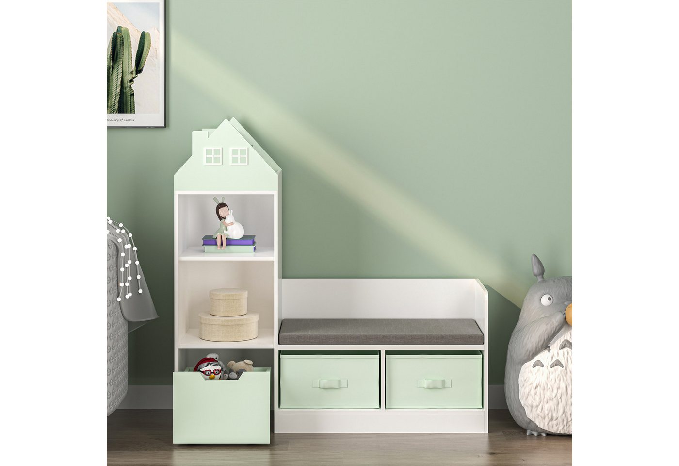 en.casa Sitzbank, mit Regal für Kinder »Vipsali« mit 2 Faltboxen 100x99x30 cm Mint/Weiß – Bild 5 von 5