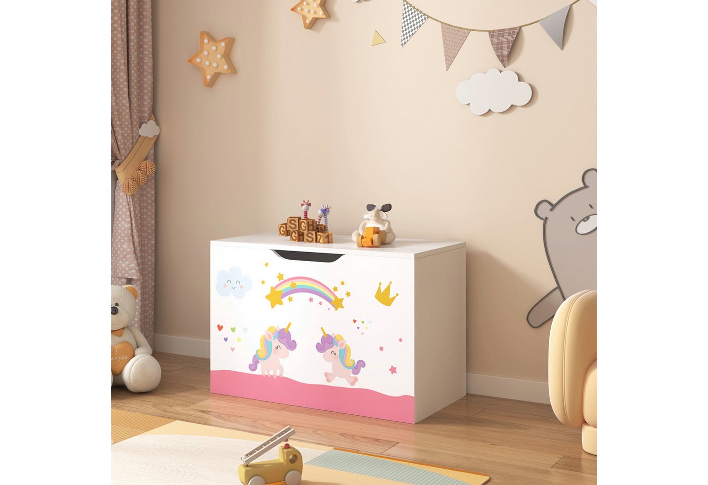 en.casa Spielzeugtruhe, »Oleiros« Einhorn-Motiv 40 x 60 x 30 cm Weiß/Rosa/Lila – Bild 2 von 5