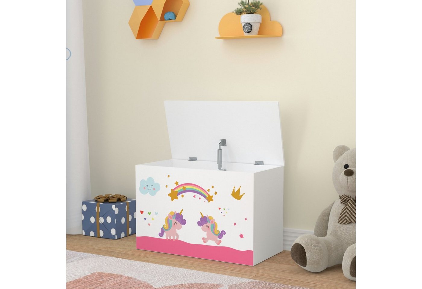 en.casa Spielzeugtruhe, »Oleiros« Einhorn-Motiv 40 x 60 x 30 cm Weiß/Rosa/Lila – Bild 3 von 5