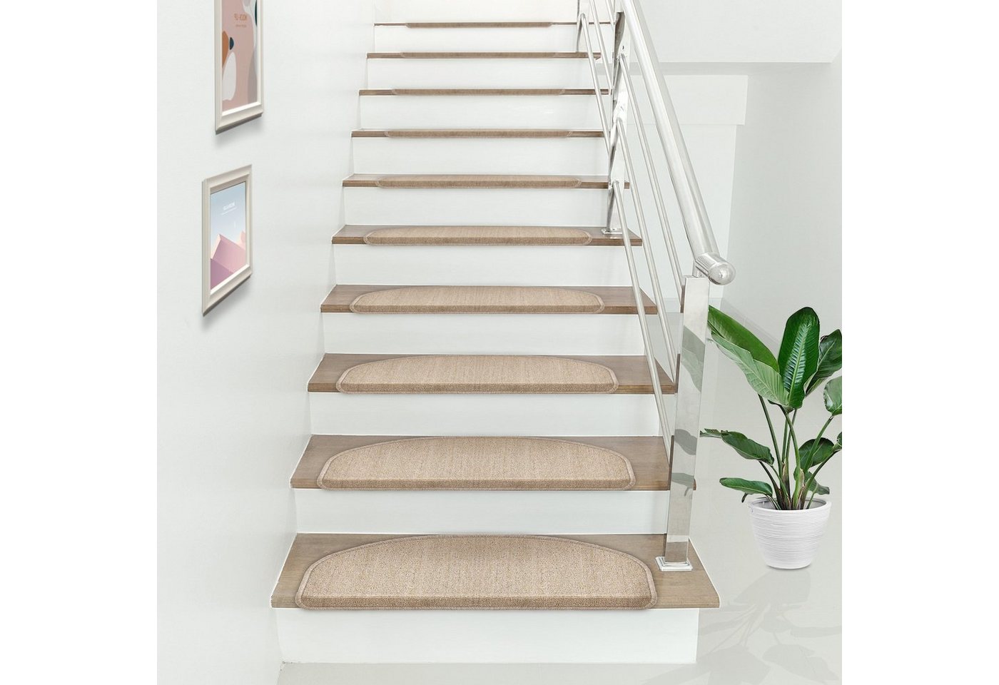 en.casa Stufenmatte, halbrund, 15er Set Treppenmatten halbrund 65x24cm selbstklebend Beige – Bild 2 von 5