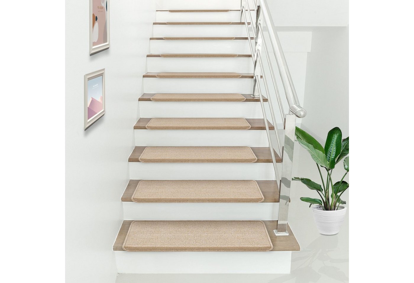 en.casa Stufenmatte, rechteckig, 15er Set Treppenmatten rechteckig 65x24cm selbstklebend Beige – Bild 2 von 5