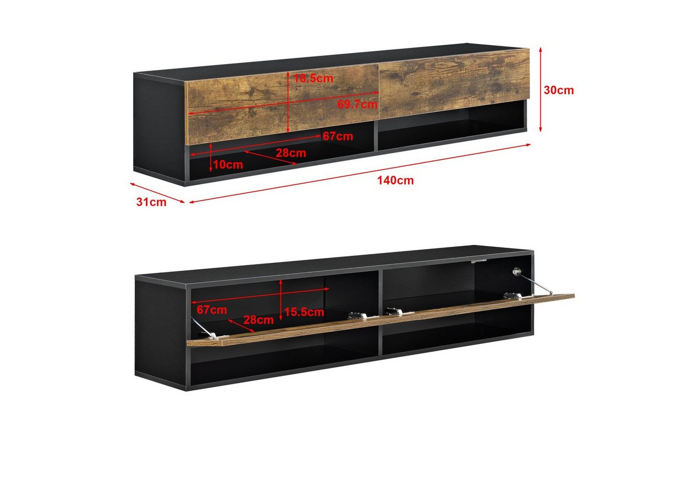 en.casa TV-Board, »Halmstad« hängend 2 Klappen 140 x 31 x 30 cm Schwarz/Eicheoptik – Bild 4 von 5