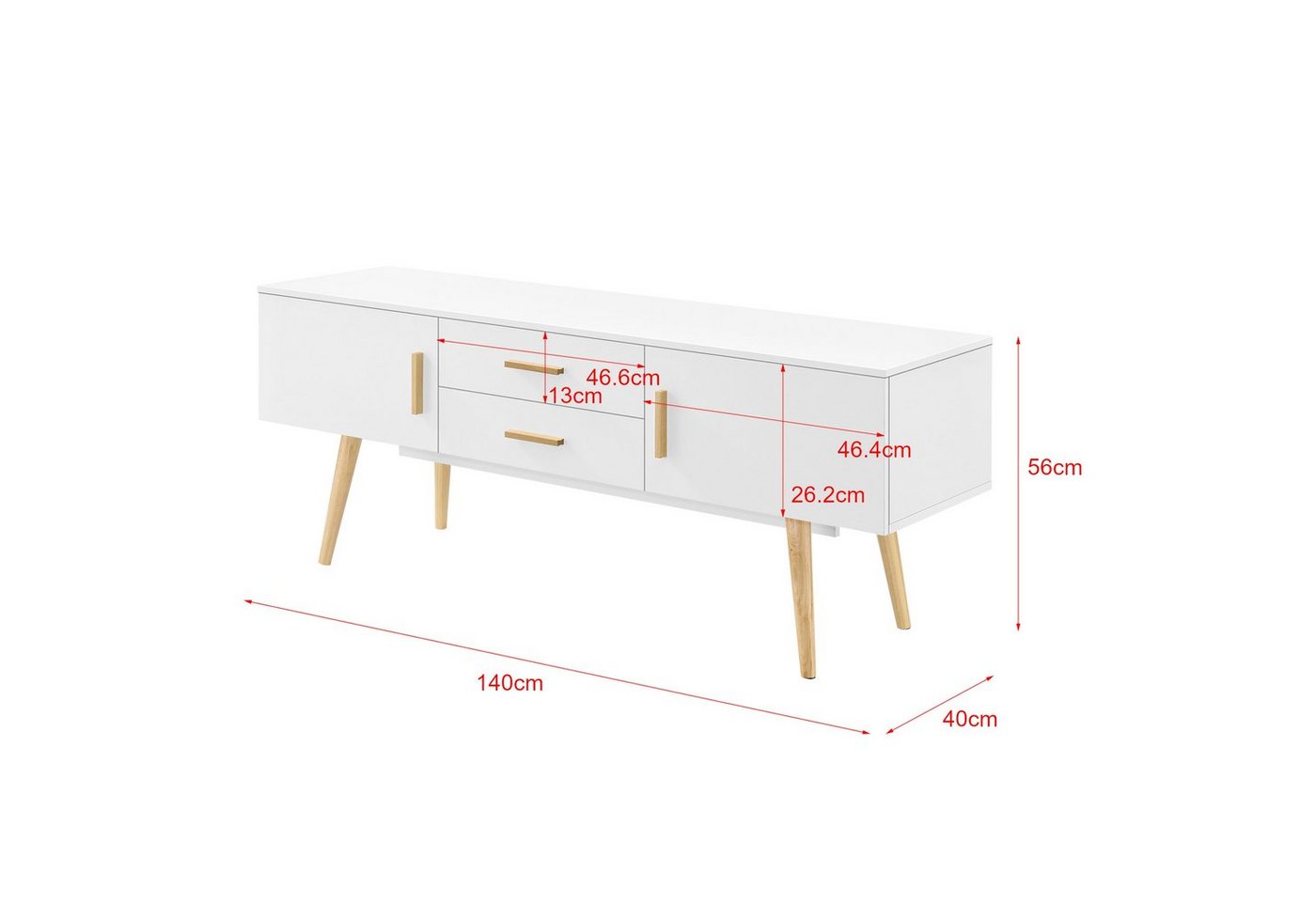 en.casa TV-Board, Alavus TV Lowboard 140x40x56cm, 2 Türen, 2 Schubladen, weiß – Bild 4 von 5