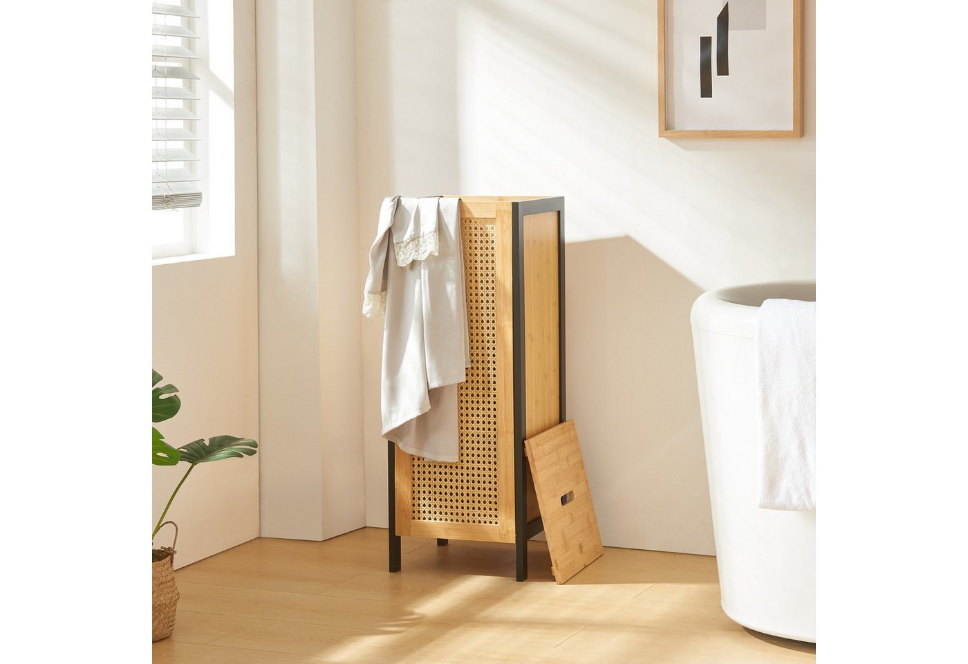 en.casa Wäschebox, »Tervola« 51 L 80x30x30 cm Schwarz / Bambus – Bild 3 von 5