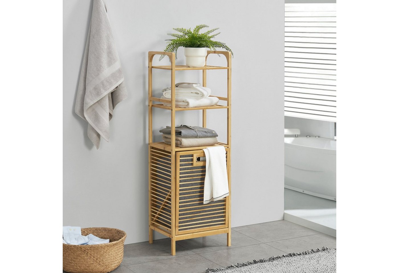 en.casa Wäschekorb, Tidaholm Bambus-Wäscheregal mit 2 Ablagen 118x40x31cm – Bild 2 von 5